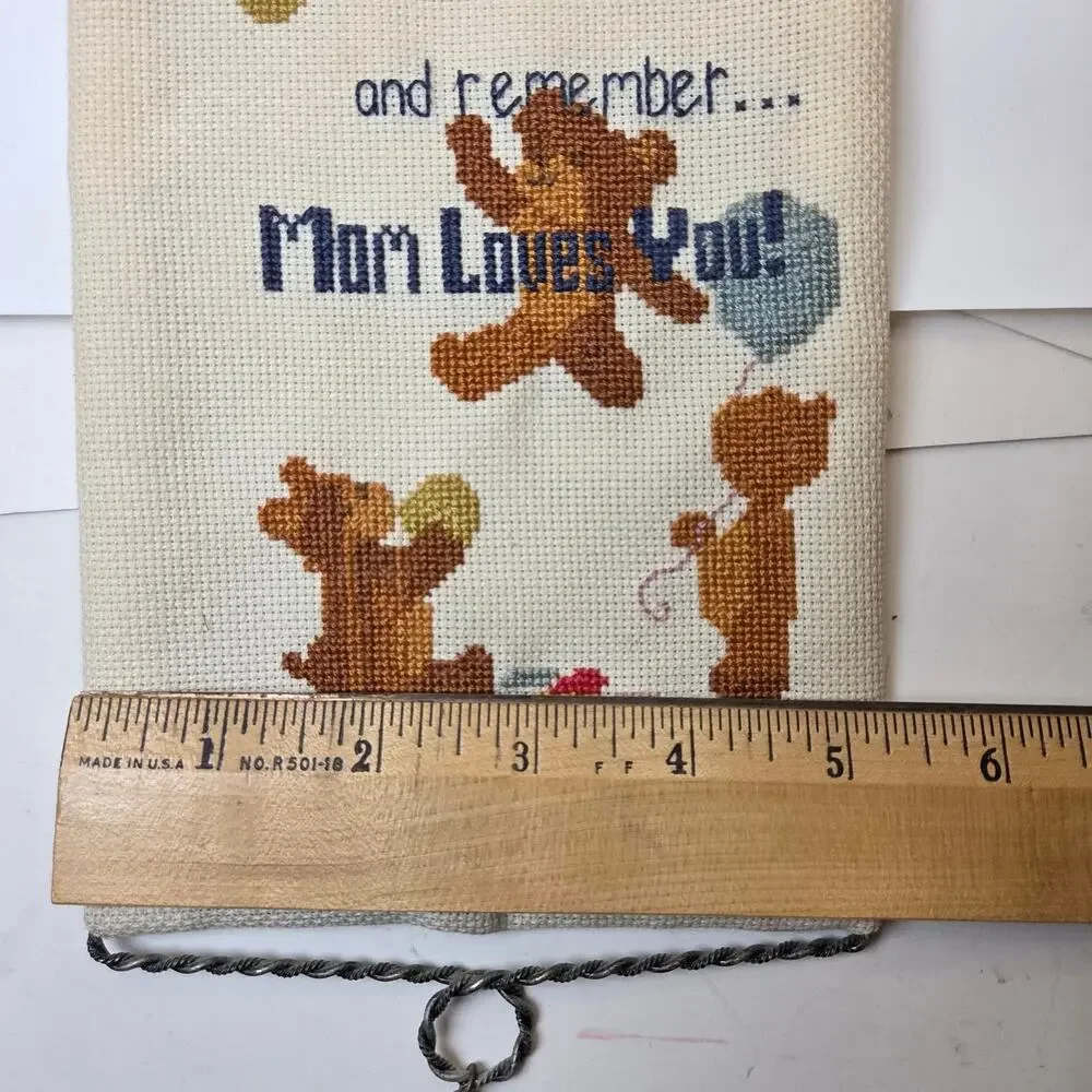 Vintage Teddy Bear Needlepoint Wall Hanging Bell Mom Loves You Nursery Decor